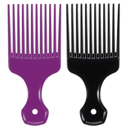 SIMPOR 2 Pcs Hair Pick Comb Wide Tooth Lift for Hair Styling Detangling Plastic Afro Pick for Women Men (Purple, Black)