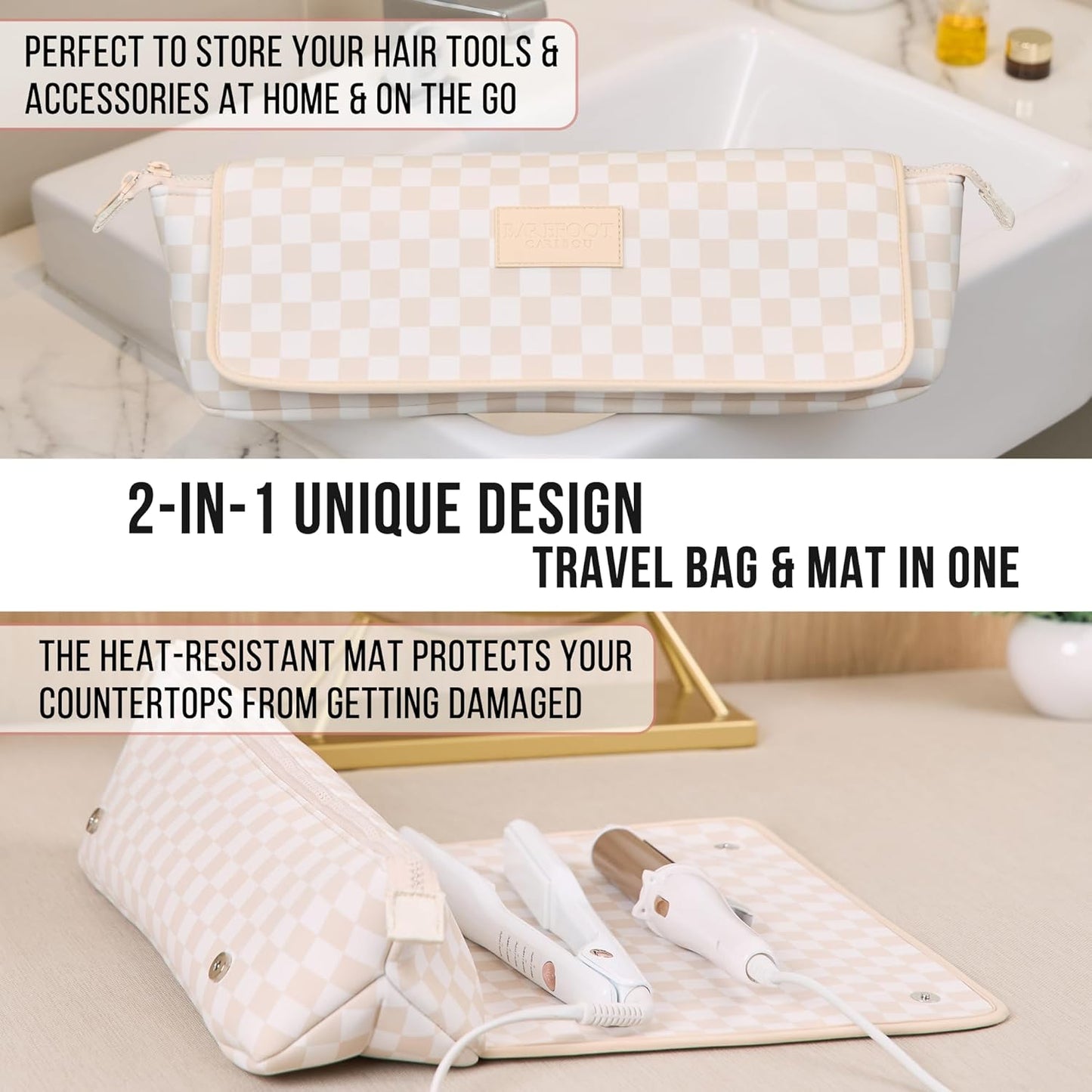 BAREFOOT CARIBOU Hair Tools Travel Bag and Heat Resistant Mat for Flat Irons, Straighteners, Curling Iron, and Haircare Accessories, 2-in-1 design, with Interior Pockets, Portable Organizer