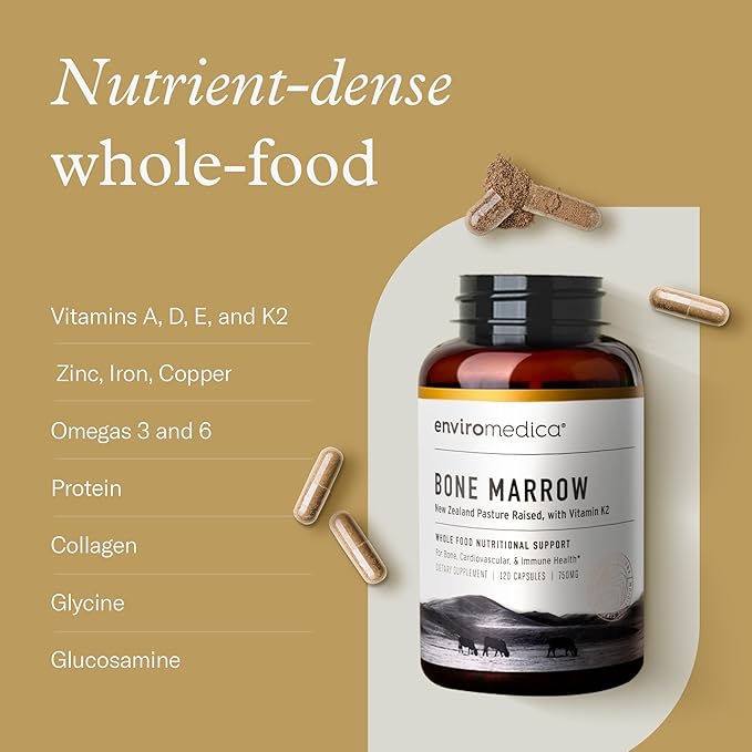 Enviromedica Bone Marrow Supplement - Pastured Grass-Fed Beef Marrow Bones Complex, MCHA, Cartilage, Bovine Collagen & Vitamin K2 (MK7) for Cardiovascular, Joint Health, Immune Support, 120 Capsules