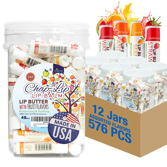 CHAP-LIP Original Lip Balm Hydrating Bulk Chap Stick with Fruit Flavors, Coconut Oil, Cocoa Butter - Christmas Gift Stocking Stuffers Lip Therapy Pack for Men and Women - Made in USA, 48 Pack x 12 Box