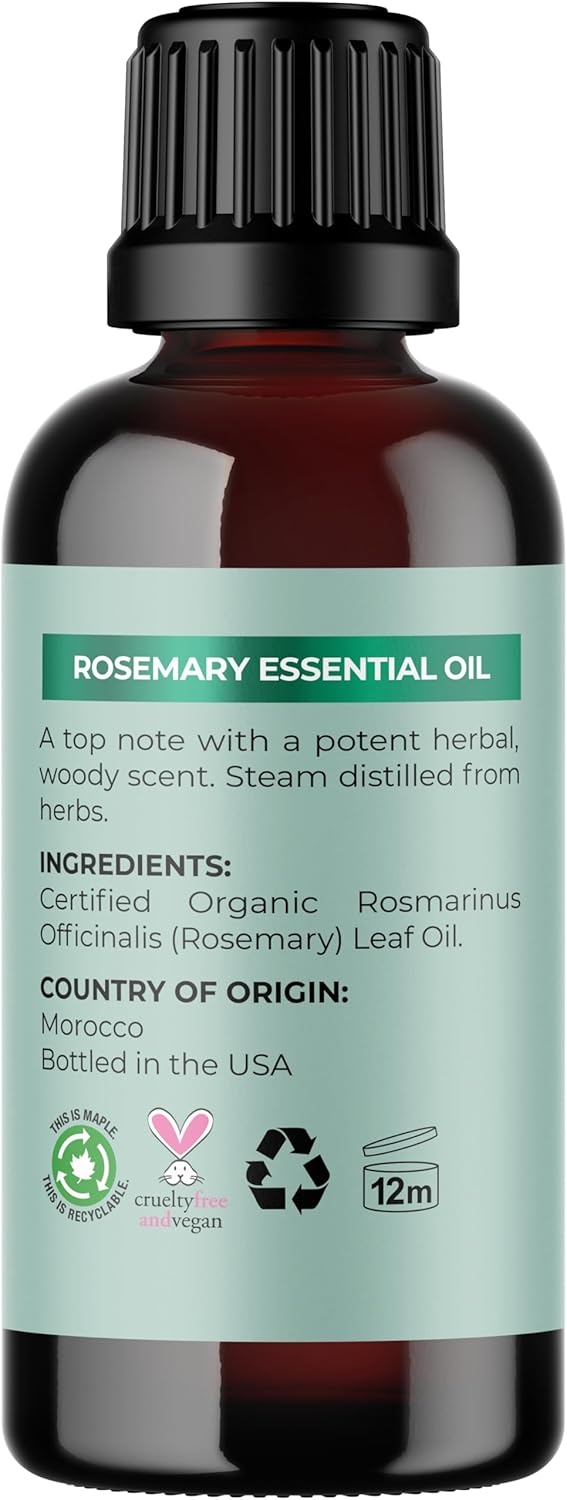 Certified Organic Rosemary Oil for Hair - Pure USDA Organic Rosemary Essential Oil for Hair Skin and Nails Plus Aromatherapy - Oil for Dry Scalp Treatment and Enhanced Volume and Shine