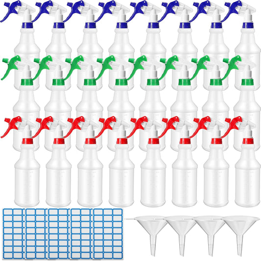 Zubebe 24 Pack 32 oz Plastic Spray Bottle Bulk Empty Leakproof Heavy Duty Spray Bottles for Cleaning Supplies Mist Bottles with Label and Adjustable Nozzle for Plant(Blue, Red, Green,Clear Scale)