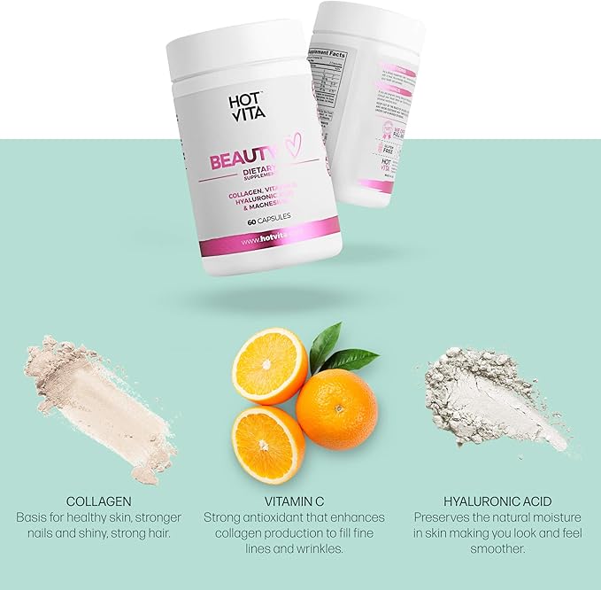 Hot Vita Beauty Supplement Pills – Anti-Aging Supplement Treatment for Hair Loss, Skin, and Nails with Collagen, Biotin, Magnesium, Vitamin C and Hyaluronic Acid