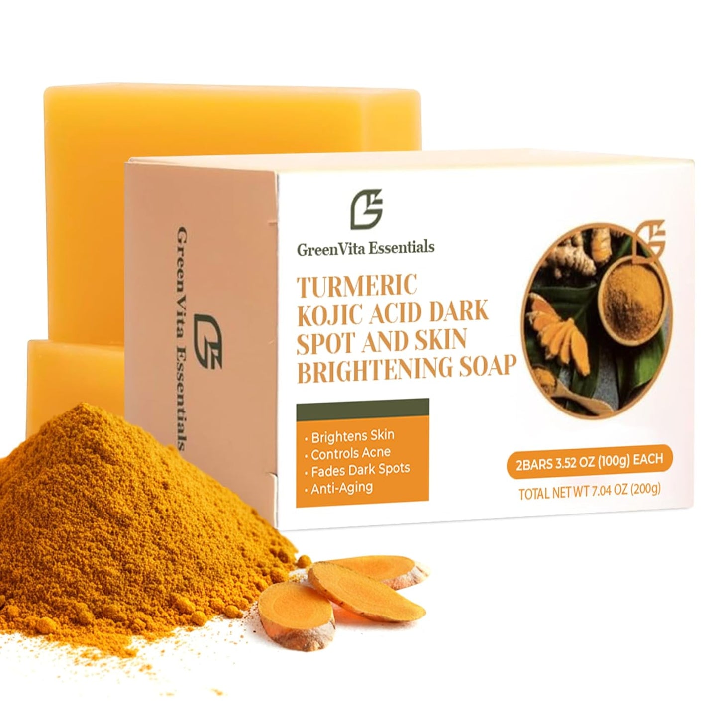 Turmeric Kojic Acid Soap- Skin and Body Brightening with Glycerin, Retinol & Hyaluronic Acid. Dark Spot Removal & Even Skin Tone.(Pack of 2) 100g each