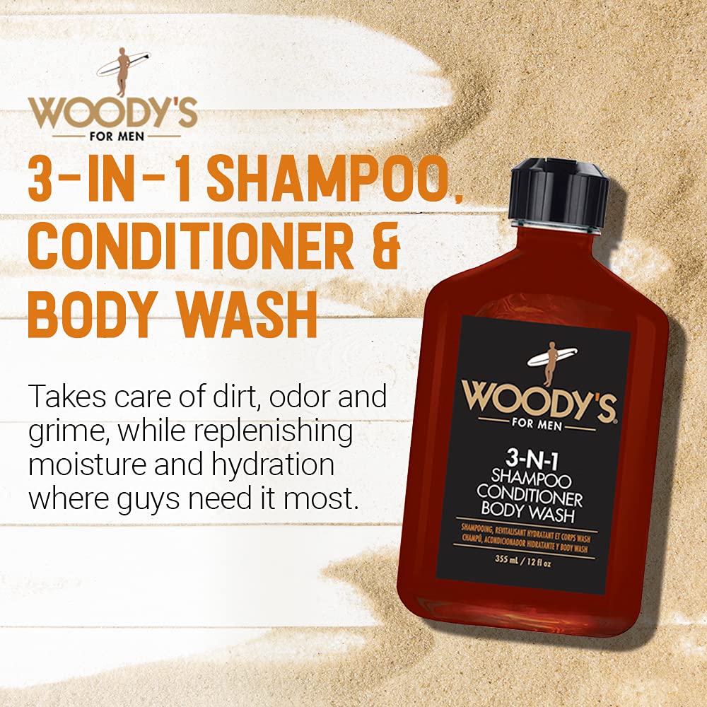 Woody's 3-in-1 Shampoo, Conditioner & Body Wash for Men, Travel-Size, All-in-One Hair & Body Cleanser for Daily Use, 12 fl oz