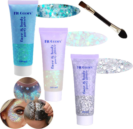Body Glitter Gel: Singer Concerts Disco Festival Rave Accessories Makeup 150ml Chunky Sequins Mermaid Face & Body Hair Glitter Gel (White, Silver, Lake Blue)