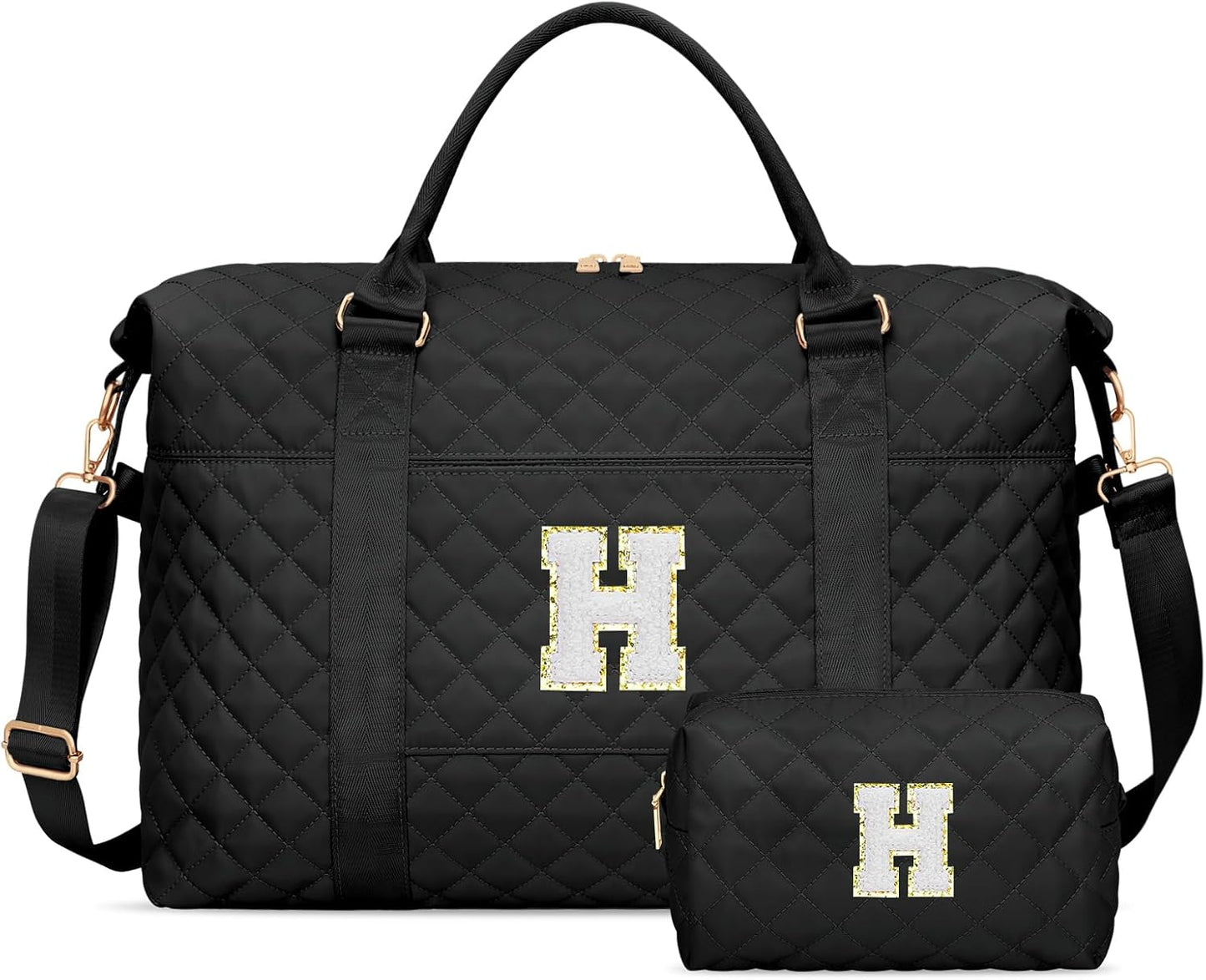 Gifts for Teen Girl, Initial Travel Duffle Bag, Personalized Women Weekender Overnight Bags, Gift for Daughter Kid Girl Wife Friend（Black,H)