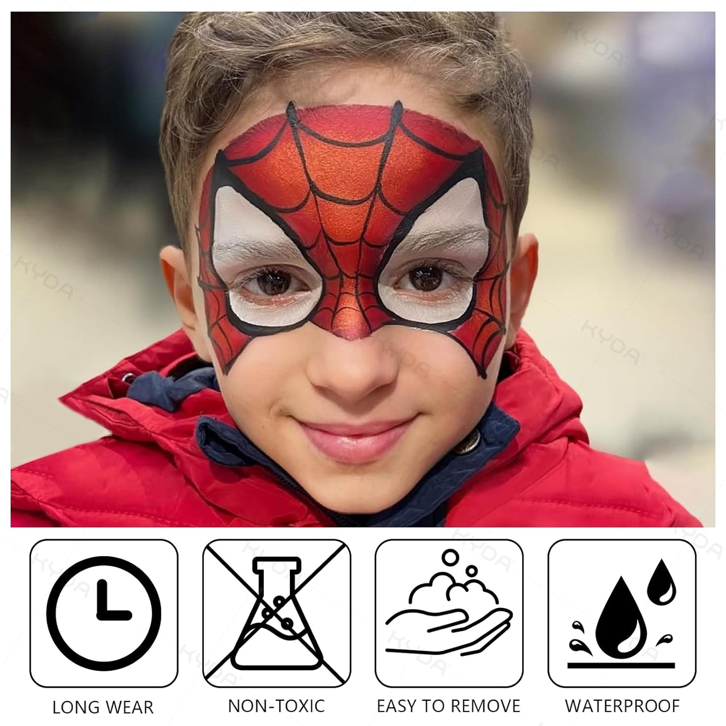 KYDA Black White Green Face Paint for Halloween Makeup, Face Body Painting Kit with Brushes for Witch Monster Grinch Shrek Hulk Alien SFX Makeup and Costume Cosplay Party, Colored Eyes for Spot Games