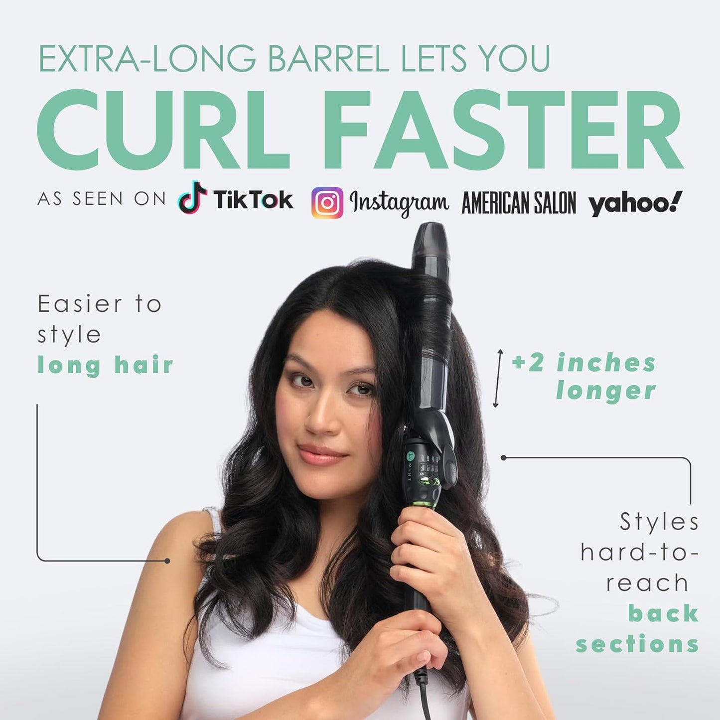 MINT Professional Extra Long Hair Curling Iron 1 1/2 inch | 2-Heater Ceramic Barrel That Stays Hot | 1.5 Inch Hair Iron Curler for Beach Waves | Travel-Ready International Dual Voltage