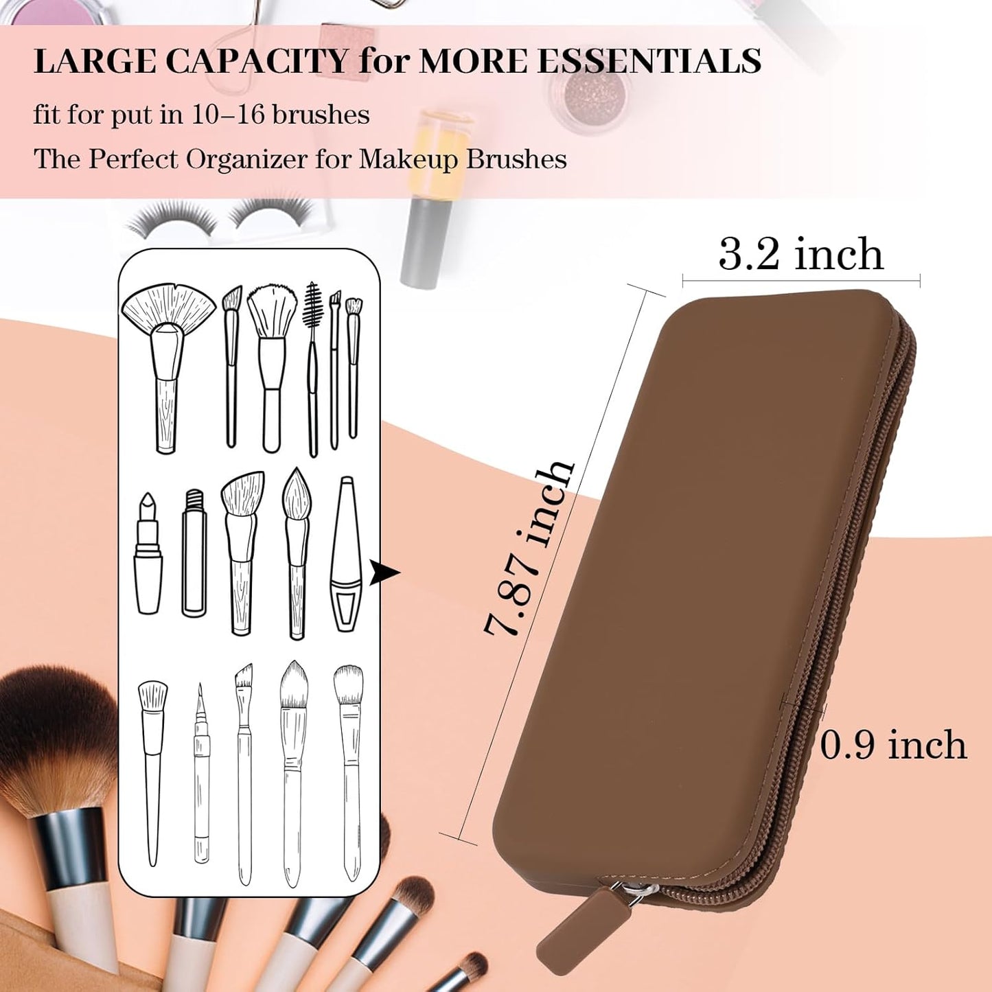 Sakolla Travel Makeup Brush Holder, Silicone Makeup Brush Bag with Zipper Closure, Makeup Brushes Organizer Case Washable Makeup Pouch Holder Case for Daily, Work, Essentials (Brown)