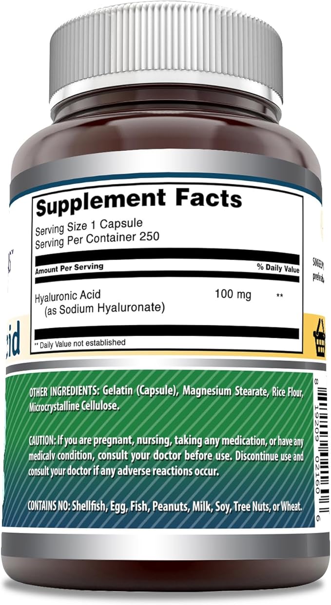 Amazing Formulas Hyaluronic Acid 100mg 250 Capsules Supplement | Non GMO | Gluten Free | Made in USA