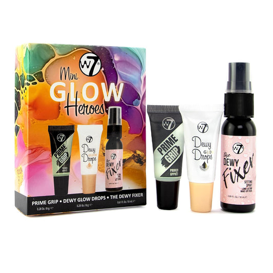 W7 Mini Glow Heroes Gift Set - Travel Size Makeup Minis with Primer, Glow Drops & Setting Spray - Stocking Stuffer
