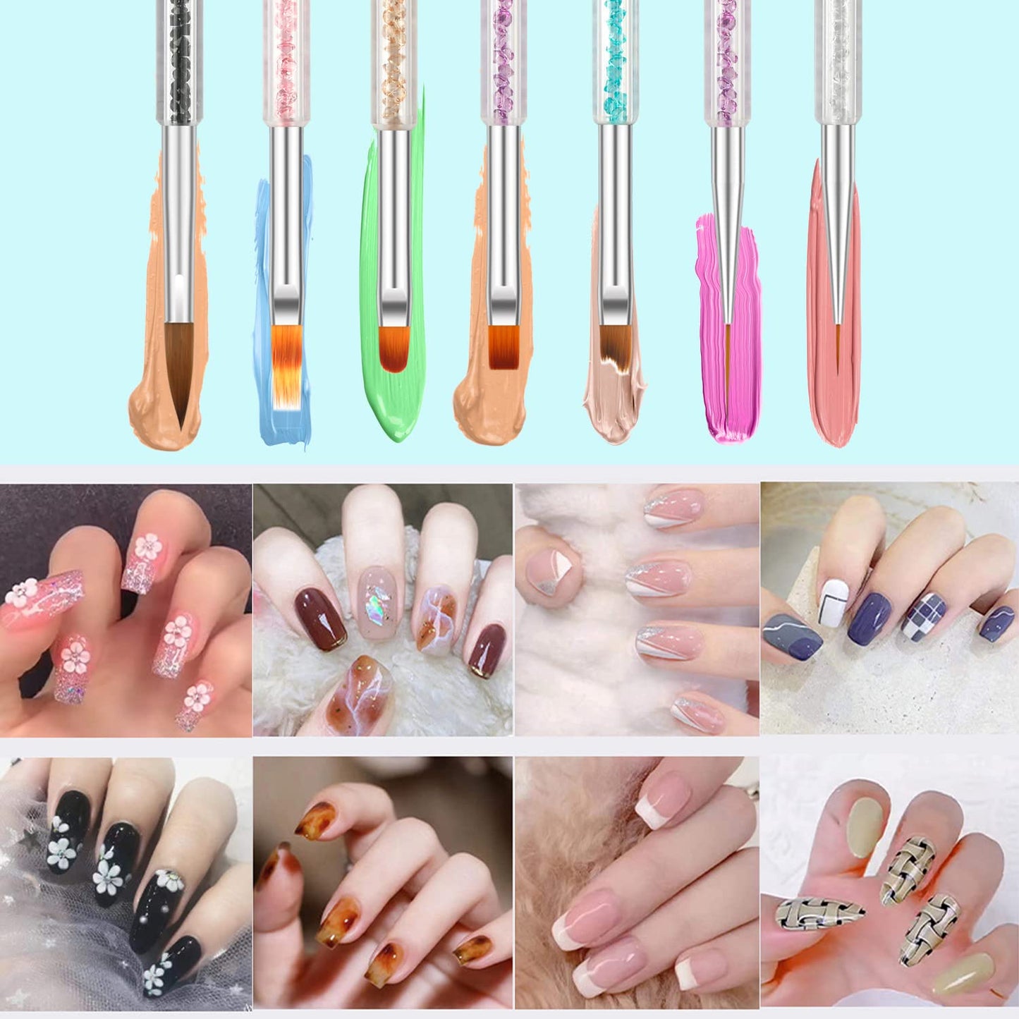 11PCS Nail Art Brush Set with Nail Dust Brush, Double-Ended Silicone Nail Art Tools for Acrylic Nails, Carving, Painting, Line Drawing, DIY Salon Manicure