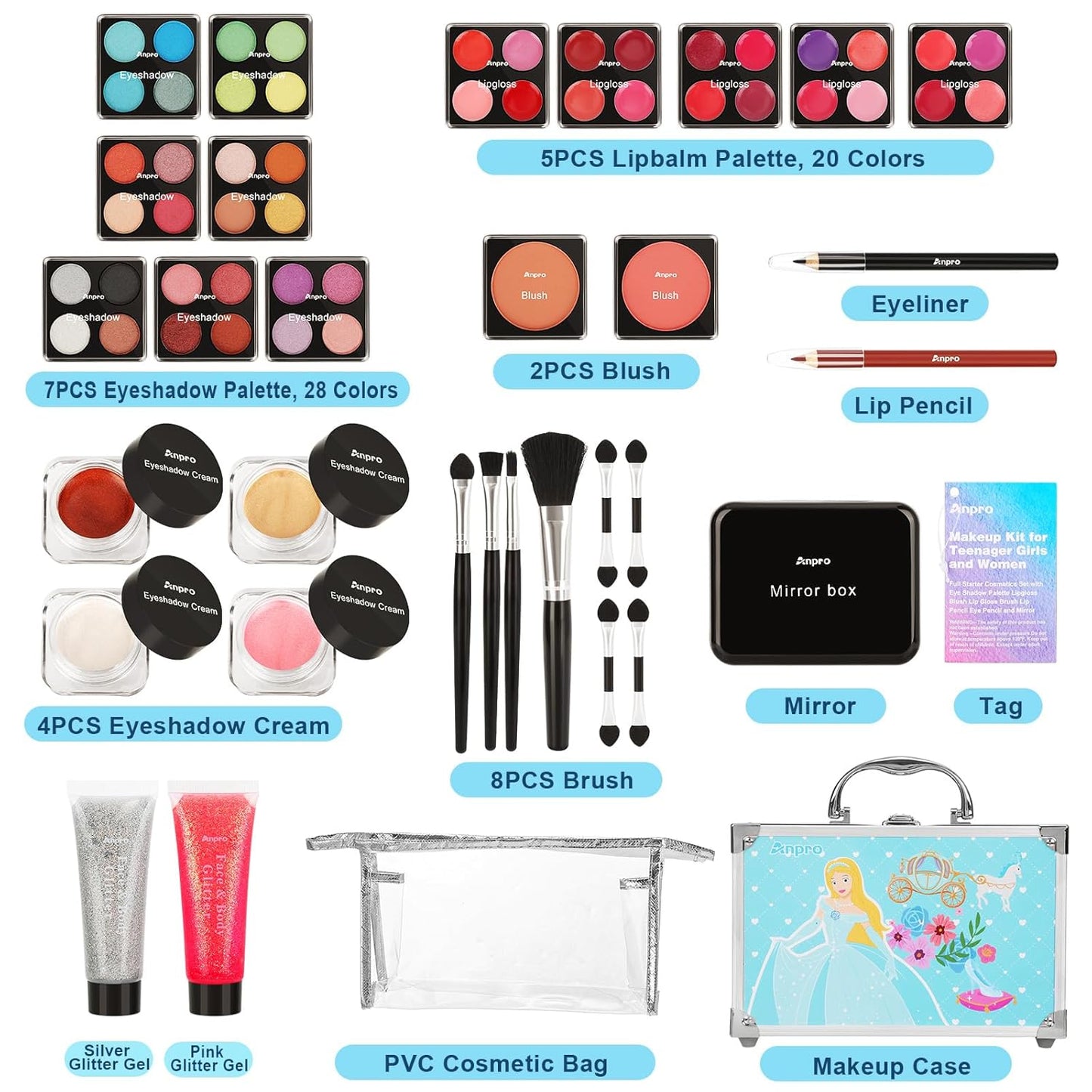 Anpro All-In-One Makeup Carry Case with Pro Teen Makeup Set, Full Starter Cosmetics Kit with Makeup Brushes, Lipsticks, Eye Shadows Palette, Blushes, Glitter Gel-Blue Leopard