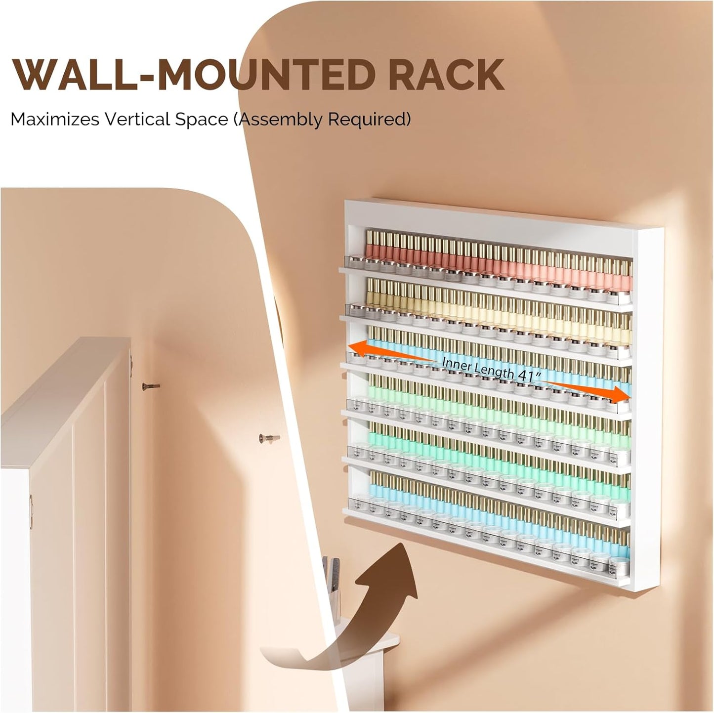 OmySalon Powder & Polish Rack - 6-Tier Double Nail Polish Organizer Wall-Mounted Salon Display Rack with Acrylic Barrier for Nail Salon Spa Home Beauty Studios (White)