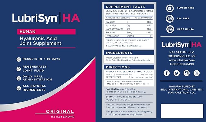 LubriSynHA Human Joint Supplement, Original 3 x 11.5oz – All-Natural, High-Molecular Weight Hyaluronic Acid HA - Joint Support for Women & Men – Promotes Healthy Joint Function, Made in USA, Vegan