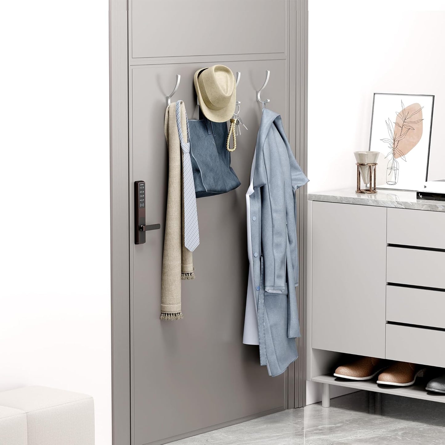 Coat Hooks Wall Mount Silver - Heavy Duty Wall Hooks for Hanging Backpacks, Towels, Bags, Hats, Clothes – Holds Up to 30 lbs - Large Metal Hooks for Closet, Bathroom, Mudroom, Door - 4 Pack