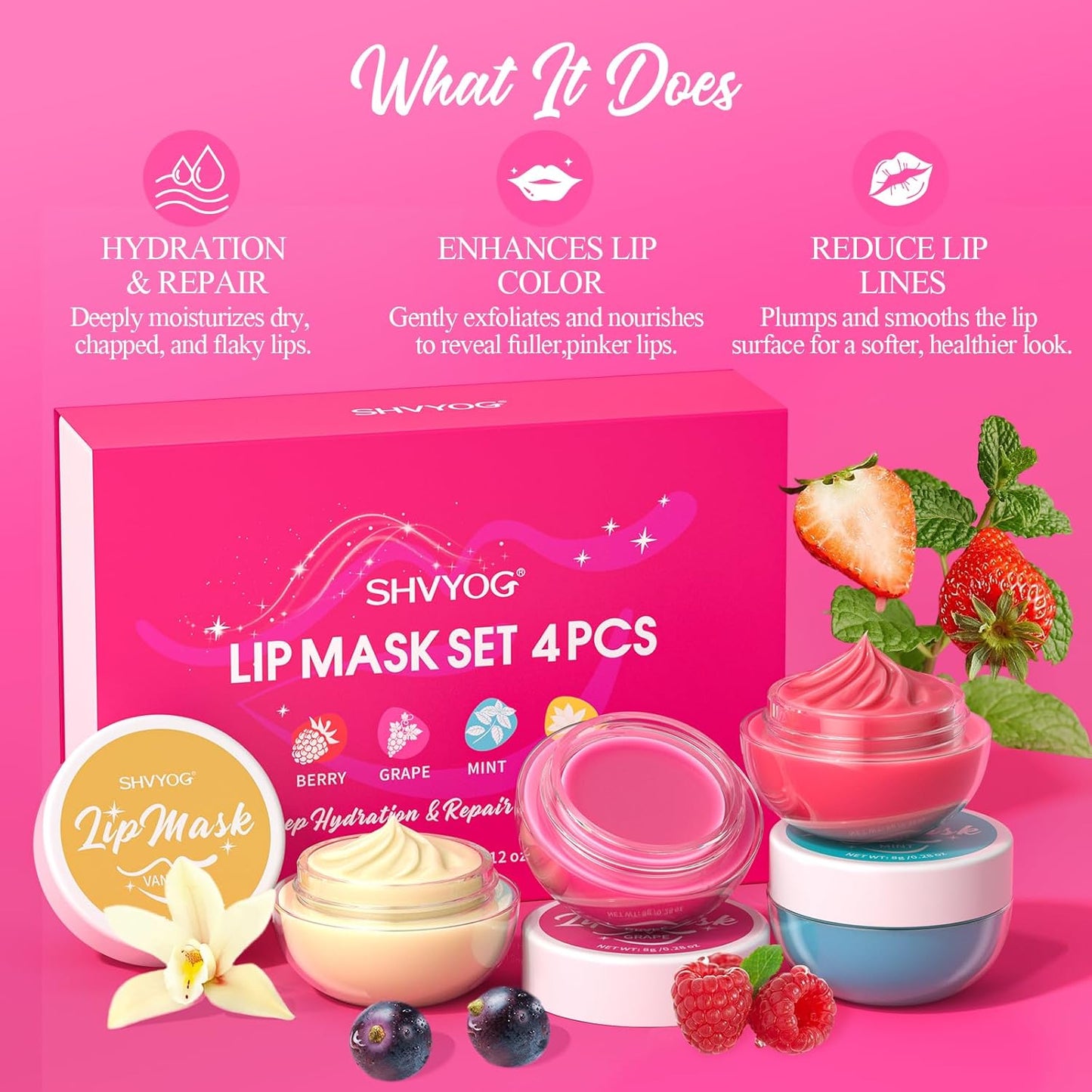 4 Pack Lip Mask Set - Berry, Grape, Mint, Vanilla Flavors - Hydrating Overnight Lip Mask for Soft, Smooth Lips, Lip Sleeping Mask for Chapped, Dry Lips with Vitamin C & Shea Butter
