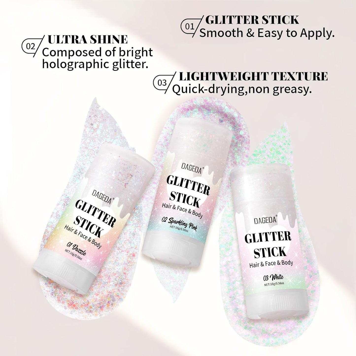 DAGEDA White Body Glitter Stick,Sparkly Face Glitter Makeup,Holographic Hair Glitters Mermaid Makeup Rave Outfits for Women, Shimmer Face Paint Stick Singer Concert Accessories