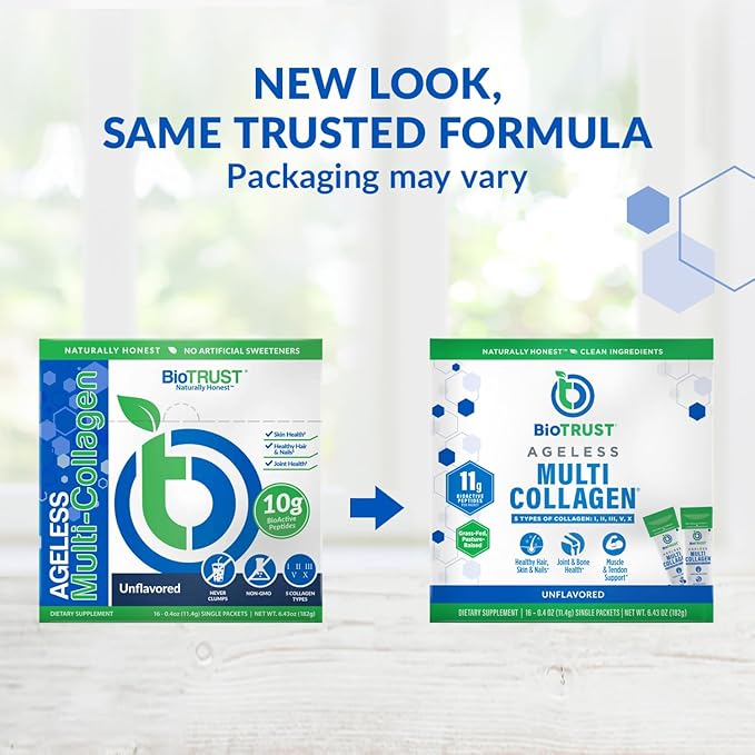 BioTrust Ageless Multi Collagen Peptides Powder – Types I, II, III, V, X – Unflavored Collagen Powder for Women & Men – Hydrolyzed Protein– Grass Fed Beef, Fish, Chicken, Eggshell Membrane(16 packets)