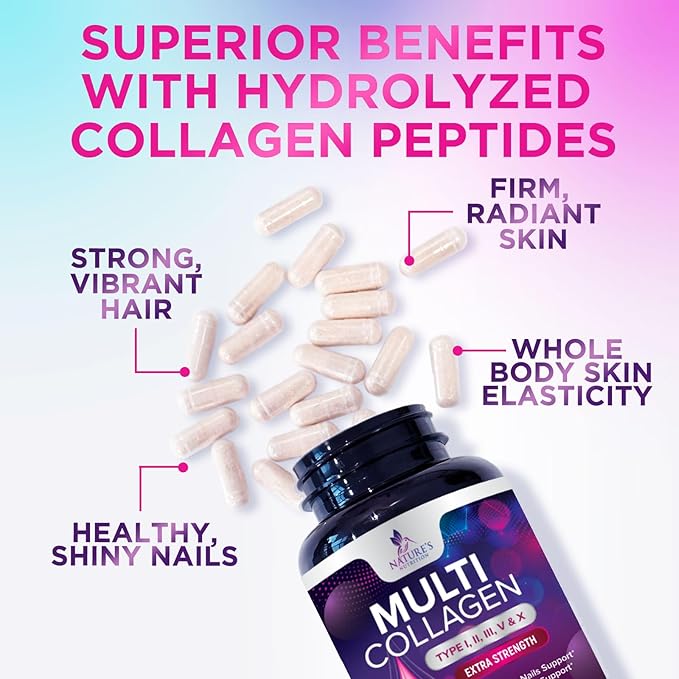 Collagen Peptides for Women & Men - Type I, II, III, V, X Multi Collagen Pills, Hydrolyzed Collagen Peptides Supplements, Nature's Hair, Skin, Nail, and Joint Support Supplement, Non-GMO, 180 Capsules