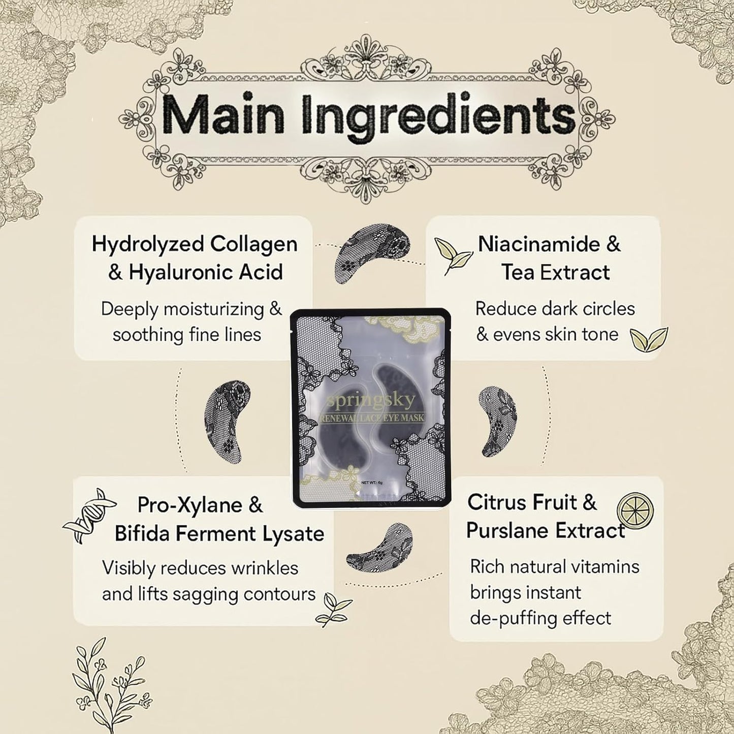 Under Eye Patches（24 Pairs），Lace Eye Mask for Puffy Eyes and Dark Circles，Collagen Skin Care Products，Hydrating, Smoothing, Brightening，Anti-Aging Eye Patch for Under Eye Bags