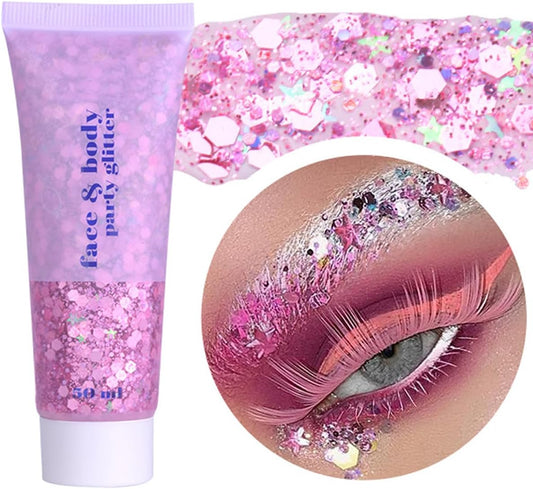 Pink Face Glitter Gel,Singer Concerts Music Festival Pink Out Accessories,Lover Heart Body Glitter Gel,Halloween Sequins Face Glitter Paint Makeup,Sparkling Hair Chunky Glitter for Women,50ML