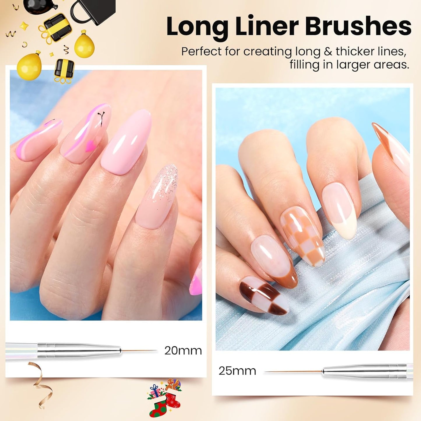 Beetles Nail Art Pens Brushes, 5pcs Nail Art Liner Brushes Set Painting Nail Dotting Drawing Tool for Long Lines, Details, Fine Drawing Sizes 7/11/15/20/25mm Gift for Women