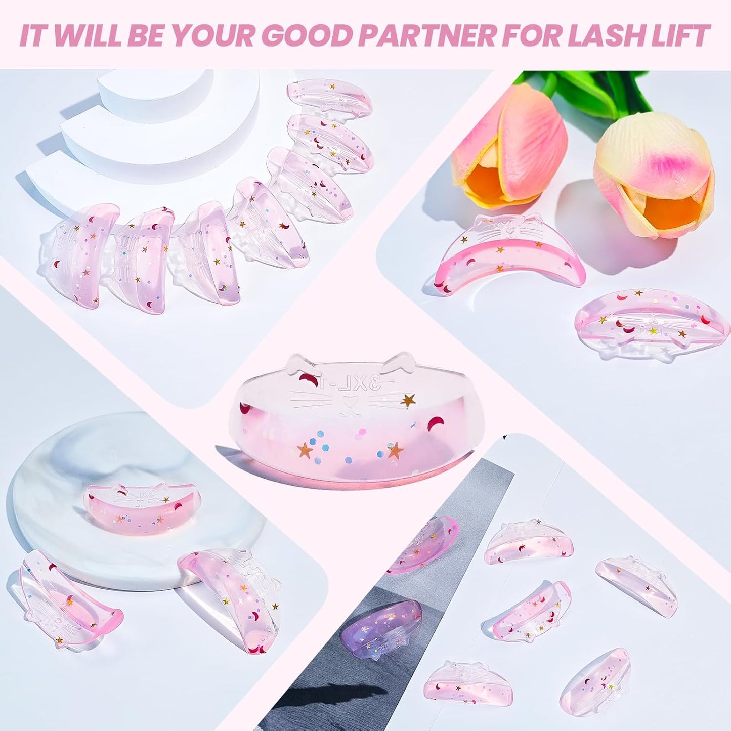 Libeauty Premium Lash Lift Rods, Eyelash Lift Shields 7 Sizes, Reusable Silicone Pads for Eyelash Curling & Lifting, C-Curl Pink Cat Shape