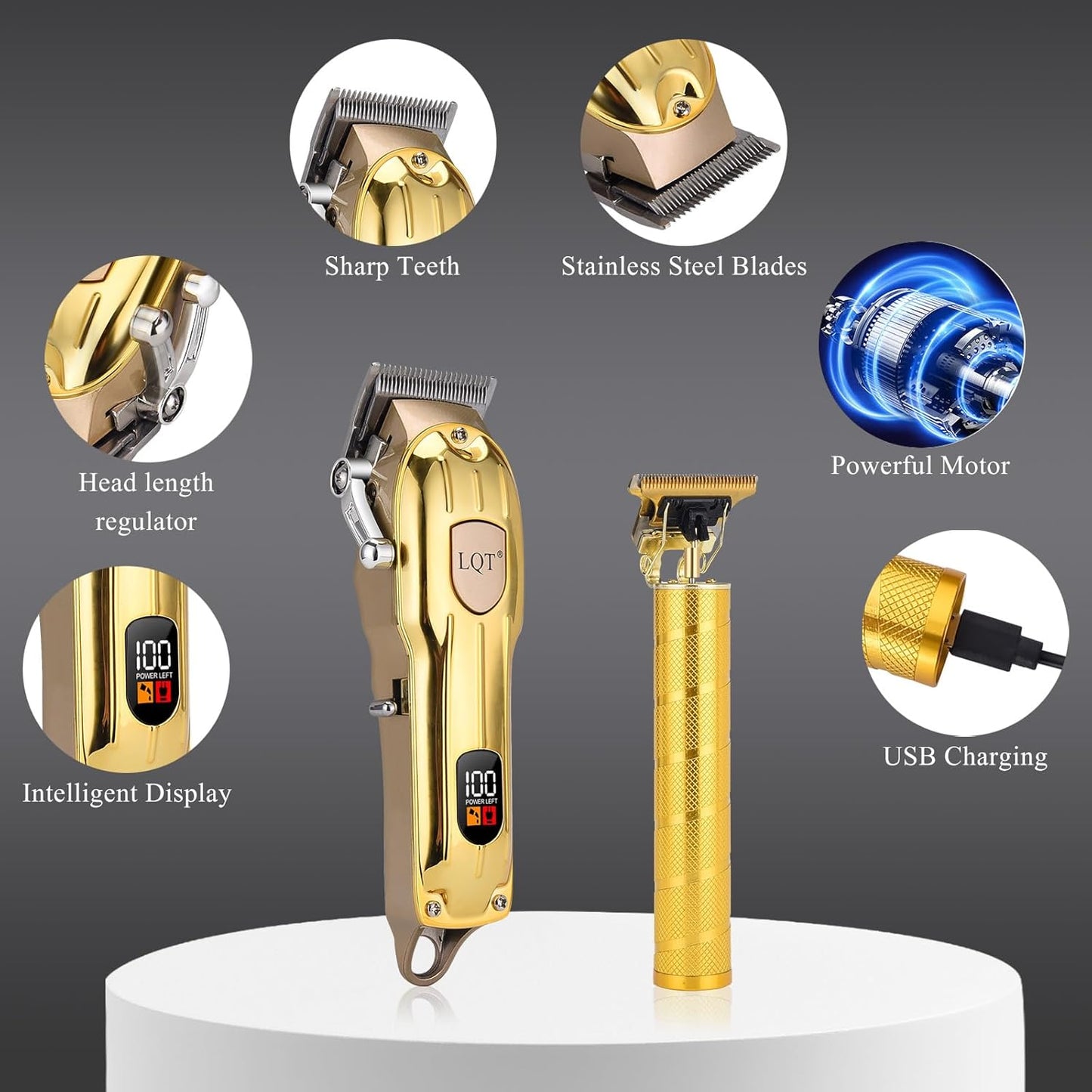 Professional Hair Clipper Set, Gold, LED Display, with Trimmer, 8 Guide Combs, Barber Shaver Set, with Travel Case and Haircut Cape (Gold)