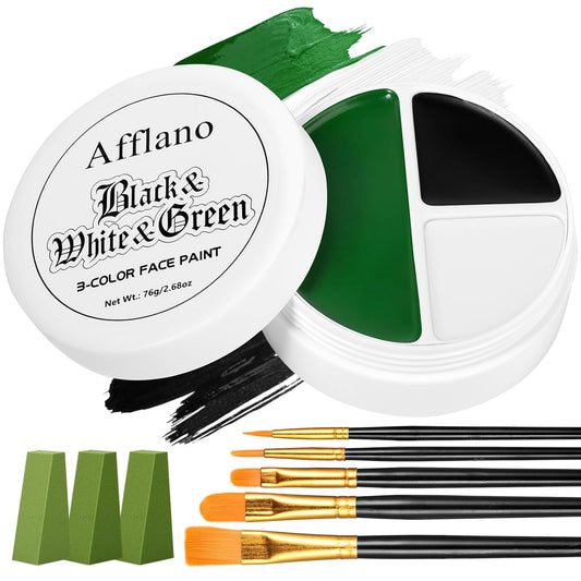 Black White Green Face Body Paint, Halloween Wicked Witch Green Makeup Kit (3 Sponges + 5 Brushes), 9 Pcs Oil Based Non Toxic green Face Painting Kit for Hulk, SFX, Hunting, Zombie, Costume, Cosplay