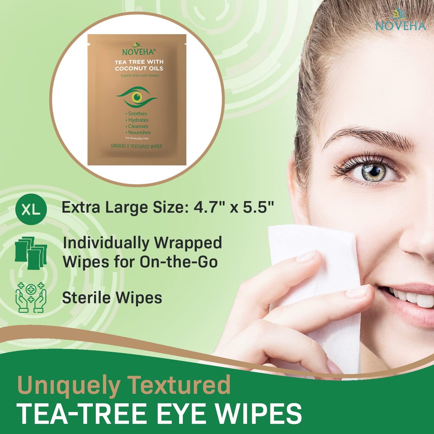 NOVEHA 180PCs Tea Tree & Coconut Oil Eyelid & Lash Wipes | For Demodex, Blepharitis & Itchy Eyes - Effective Eyelash Wipes With Aloe Vera, Natural Makeup Remover & Daily Eye Cleanser - (Pack of 3)