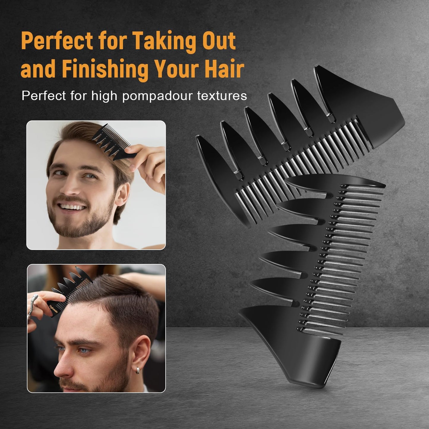 3Pcs Hair Styling Combs Set For Men - Black Barber Wide Tooth Texture Comb For Quiff, Pompadour, Slicked-back, Fauxhawk, Undercut