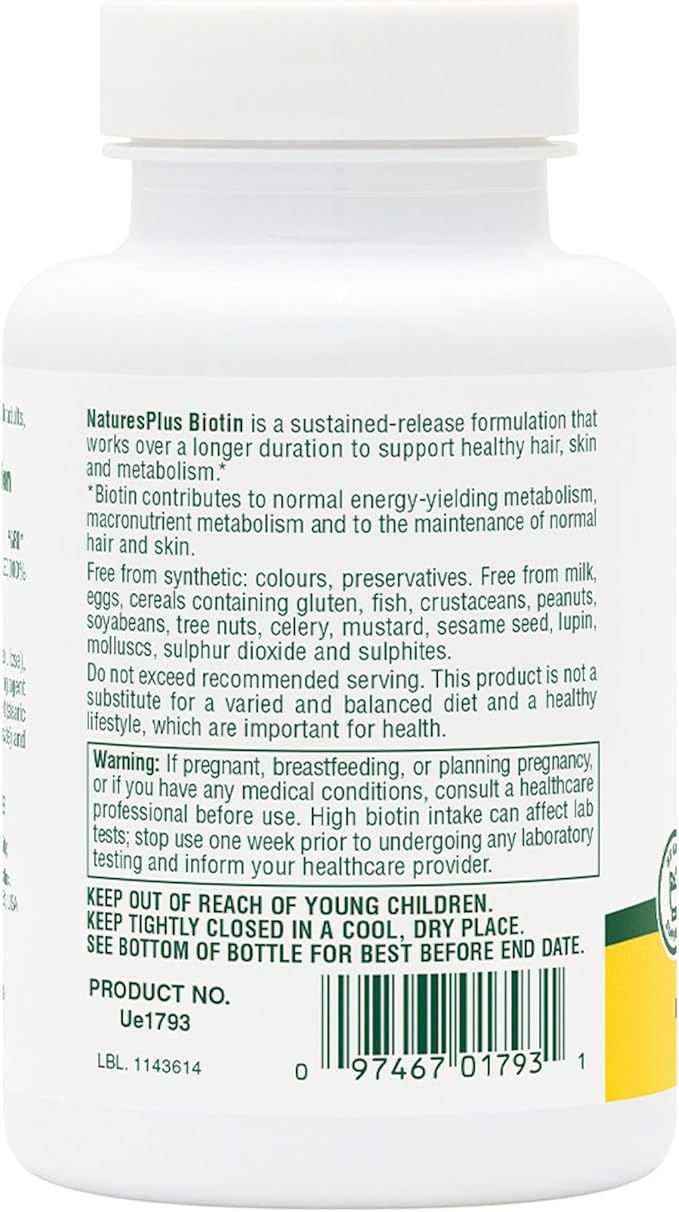 NaturesPlus Biotin, Sustained Release - 90 Tablets - Vegetarian, Gluten Free - 90 Servings
