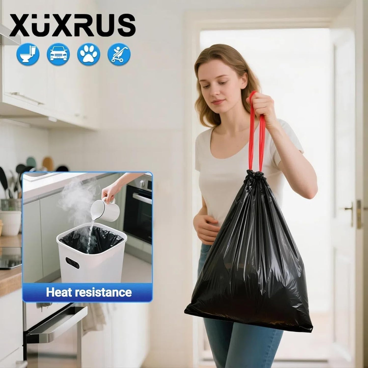 XUXRUS 2.6 Gallon Black Bathroom Drawstring Trash Bags - 60 Count Folded Small Garbage Bags, Tear-Resistant & Leak-Proof, Odor Control Liners for Bathroom, Kitchen, Office – Heavy Duty Trash Bags