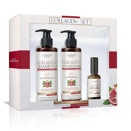 CLARIMOND Collagen Booster Complete Hair Loss Treatment - Shampoo, Conditioner & Hair Oil | UV Protection | Keratin & Vit. D/E/B5/B6 | Protect Hair Color-Treated, Frizz Control | For Sensitive Hair