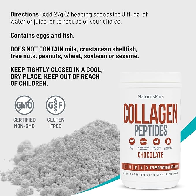 Natures Plus Collagen Peptides, Chocolate - 0.83 lb Powder - Hair, Skin, Nail & Joint Health, Immune System Support - Non-GMO, Gluten Free - 14 Servings