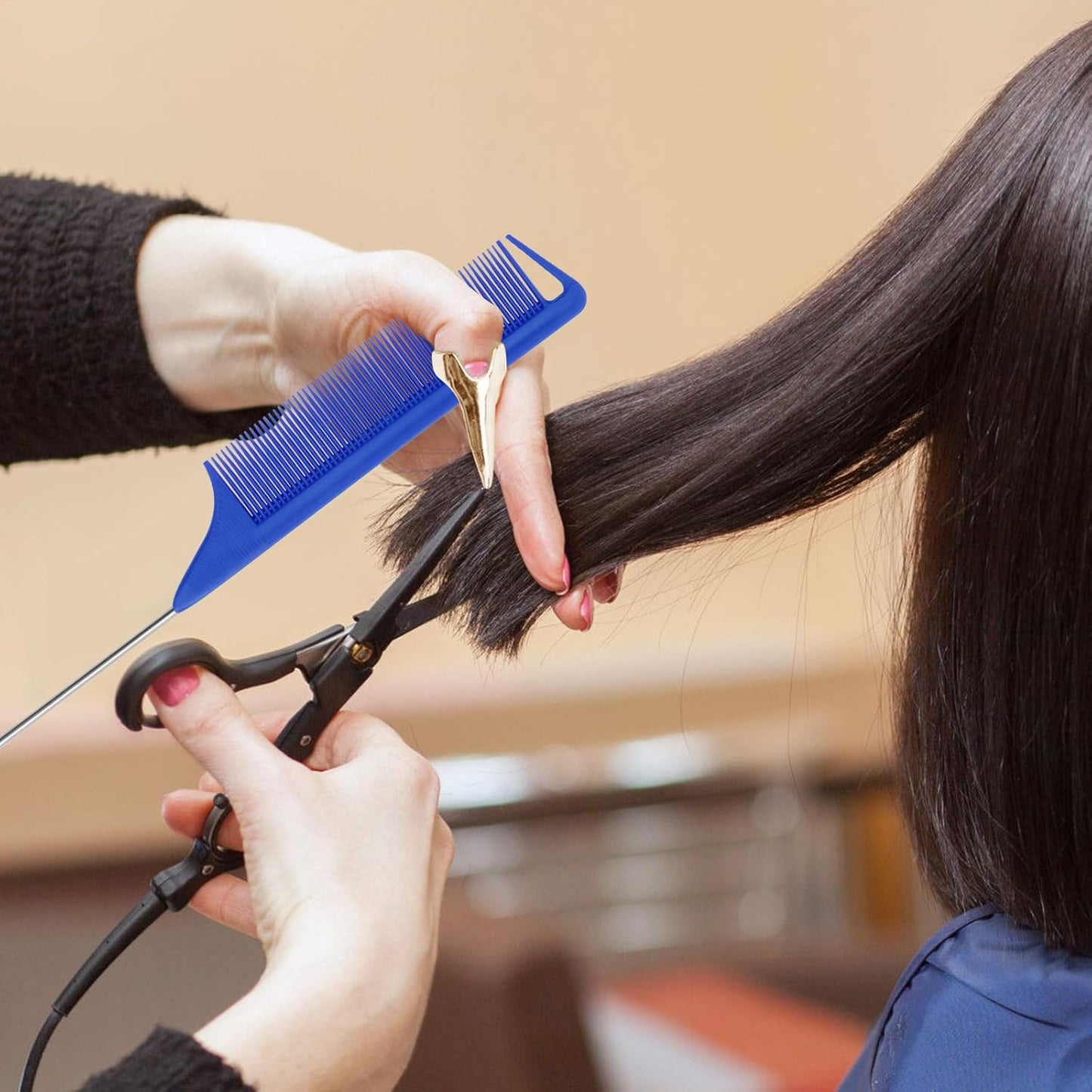 17 Pieces Hair Parting Tools Set Heart, Included 8P Hair Parting Ring 2P Metal Rat Tail Comb 6P Hair Sectioning Clip with 1P Magnetic Wrist Sewing Pin Holder for Braiding (Blue)