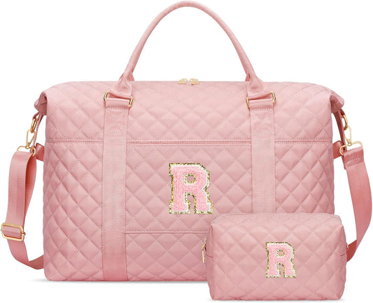 Gifts for Teen Girl, Initial Travel Duffle Bag, Personalized Women Weekender Overnight Bags, Gift for Daughter Kid Girl Wife Friend（Pink,R)