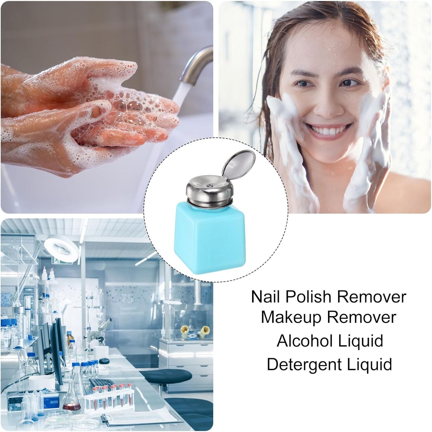 HARFINGTON 4PCS 100ML(3.4oz) Push Down Alcohol Dispenser Pump Liquid Press Empty Bottles Refillable Container for Acetone Cleanser Nail Polish Remover, Blue