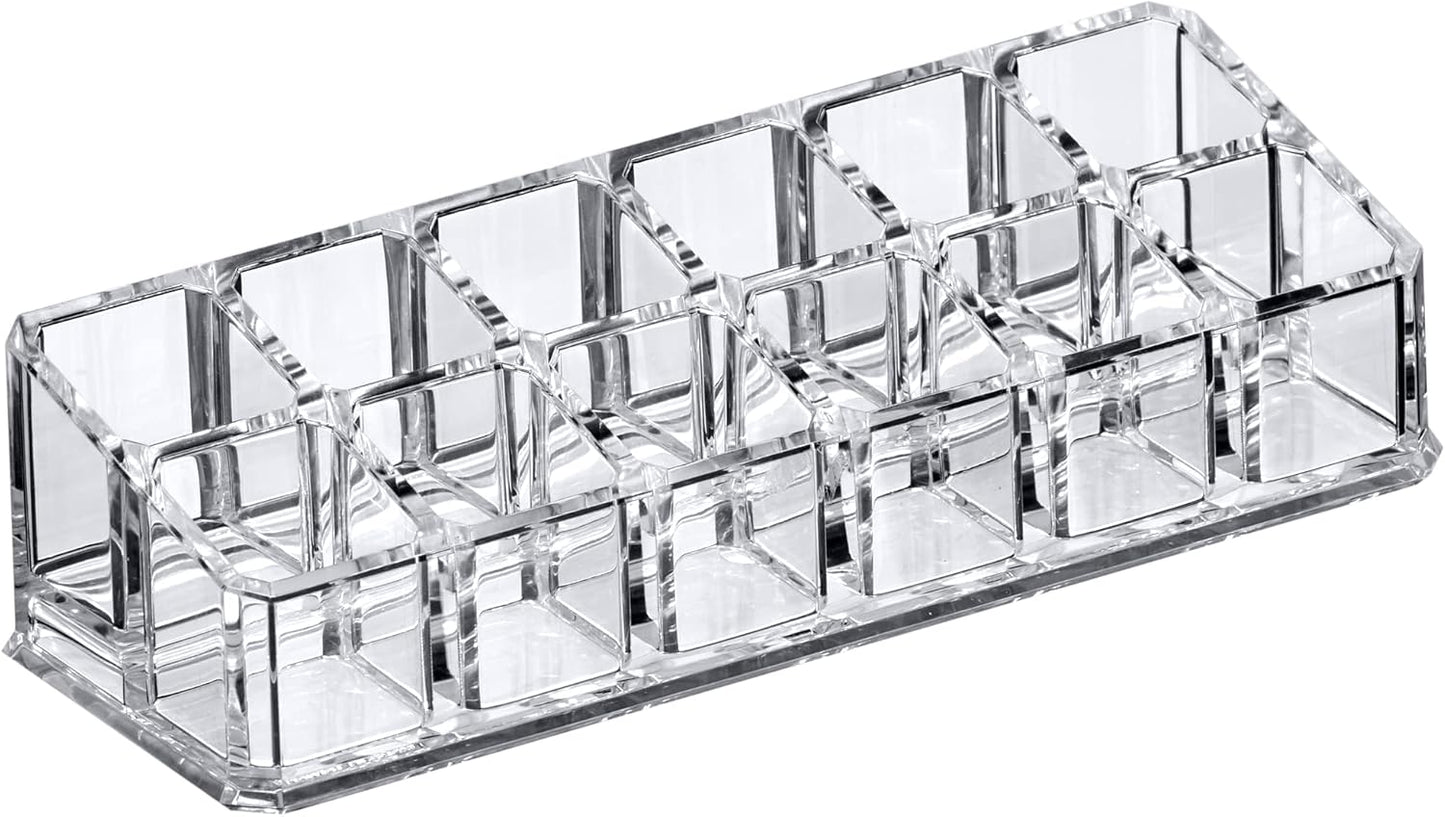 Amazing Abby - Glamour - 12-Slot Acrylic Lipstick Organizer, Lipstick Holder, Lip Gloss Holder, Cosmetic Storage Display, Perfect Storage Solution for Drawer and Vanity (Slot Size: 0.9" x 0.9")