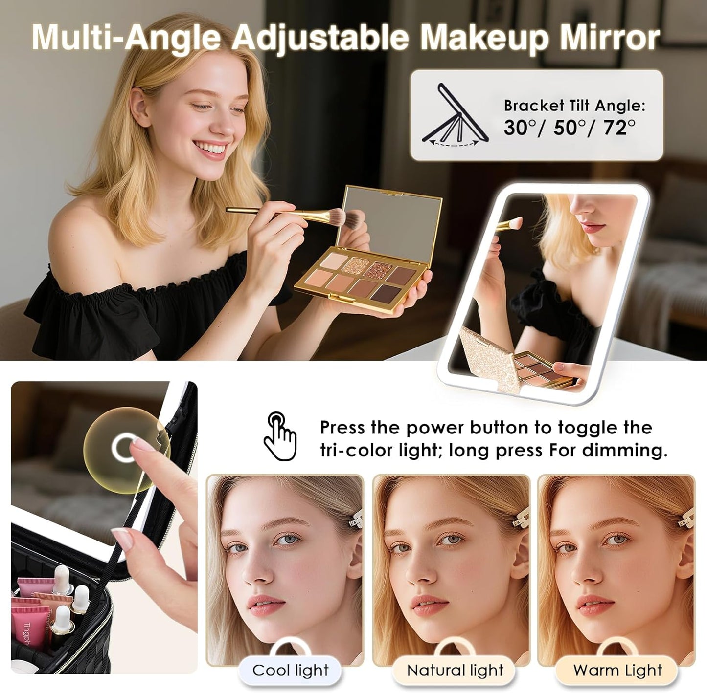 Makeup Bag with LED Lighted Mirror 12.2 IN Travel Makeup Bag Adjustable Brightness in 3 Colors Cosmetic Organizer Artist Storage Bag with Dividers Brush Holder Bag Vanity Black Checkerboard