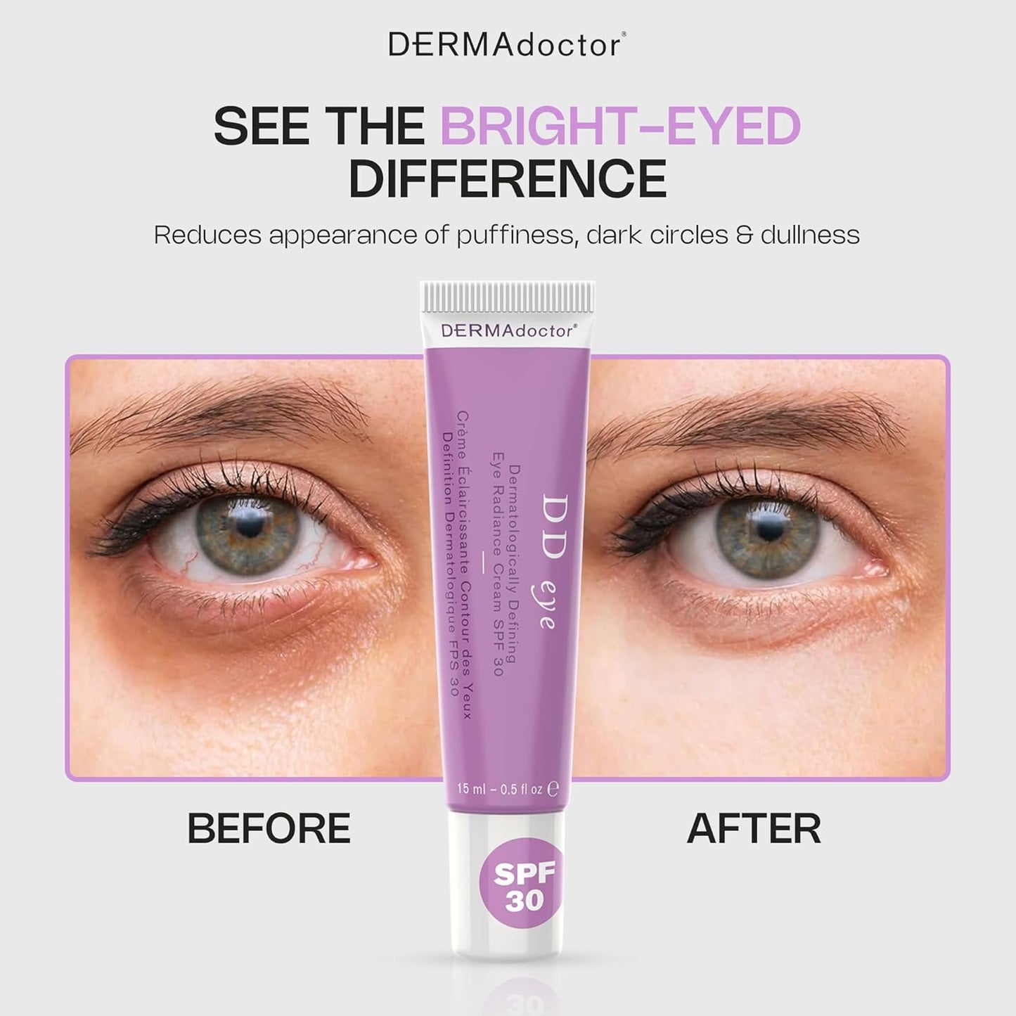 DERMAdoctor DD Caffeine Eye Cream for Dark Circles, Illuminator, Anti Aging, Eye Cream with SPF 30 for Puffiness, Bags Under Eyes, Defining Radiance Under Eyes Cream; Dermatologist Formulated - 0.5 oz