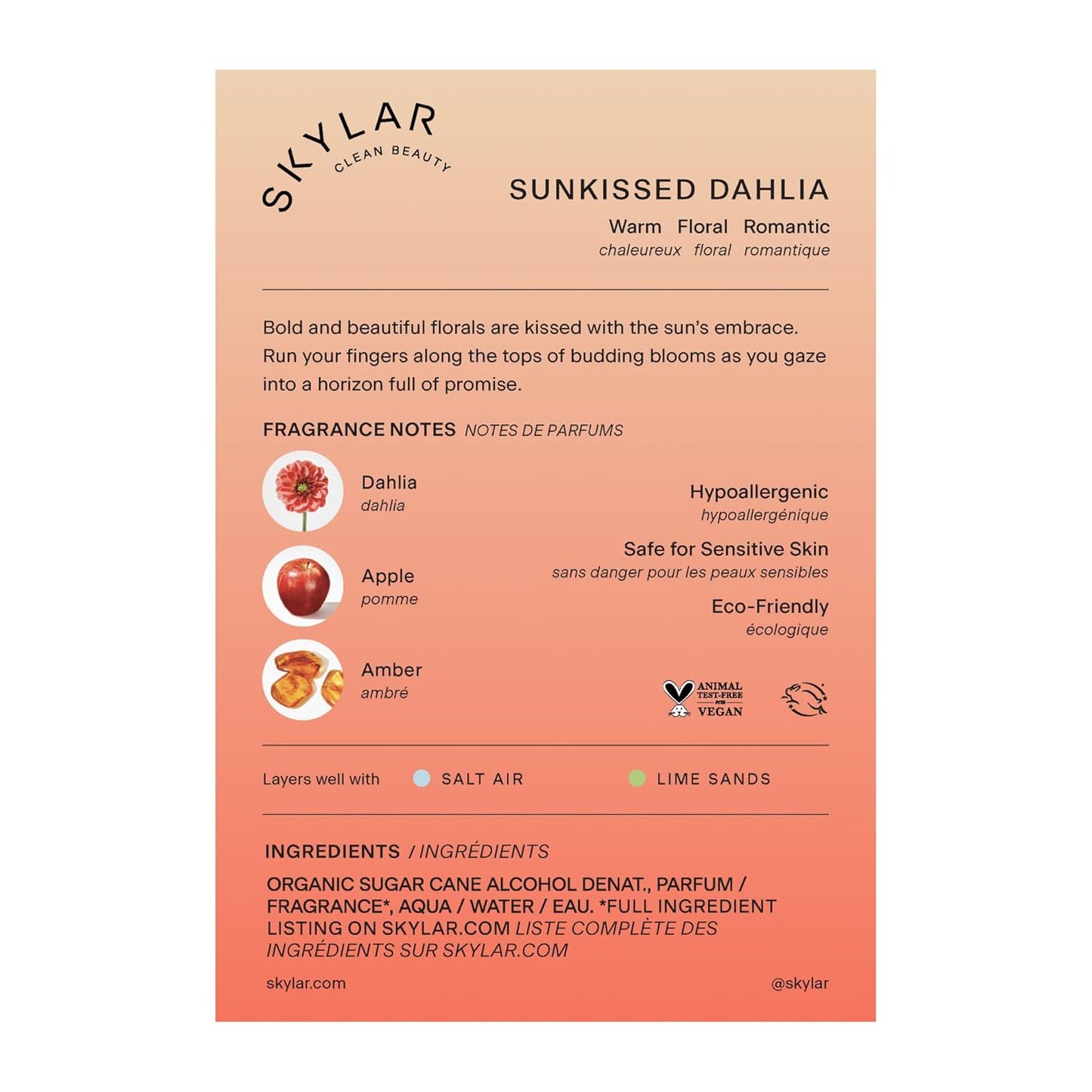 Skylar Sunkissed Dahlia Eau de Parfum - Hypoallergenic & Clean Perfume for Women & Men, Vegan & Safe for Sensitive Skin - Floral Perfume with Notes of Dahlia, Apple & Amber - 50mL /1.7 Fl oz