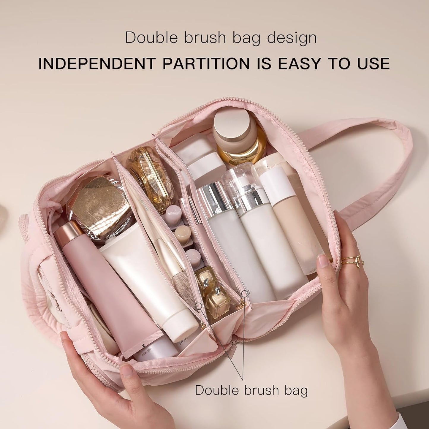 Makeup bag, Large Capacity Cosmetic Bag for Women, Portable Wide-open Toiletry Bag, Travel Makeup Bag with TPU Compartments for Accessories, Essentials, Toiletries, Makeup Brush Bag, Pink