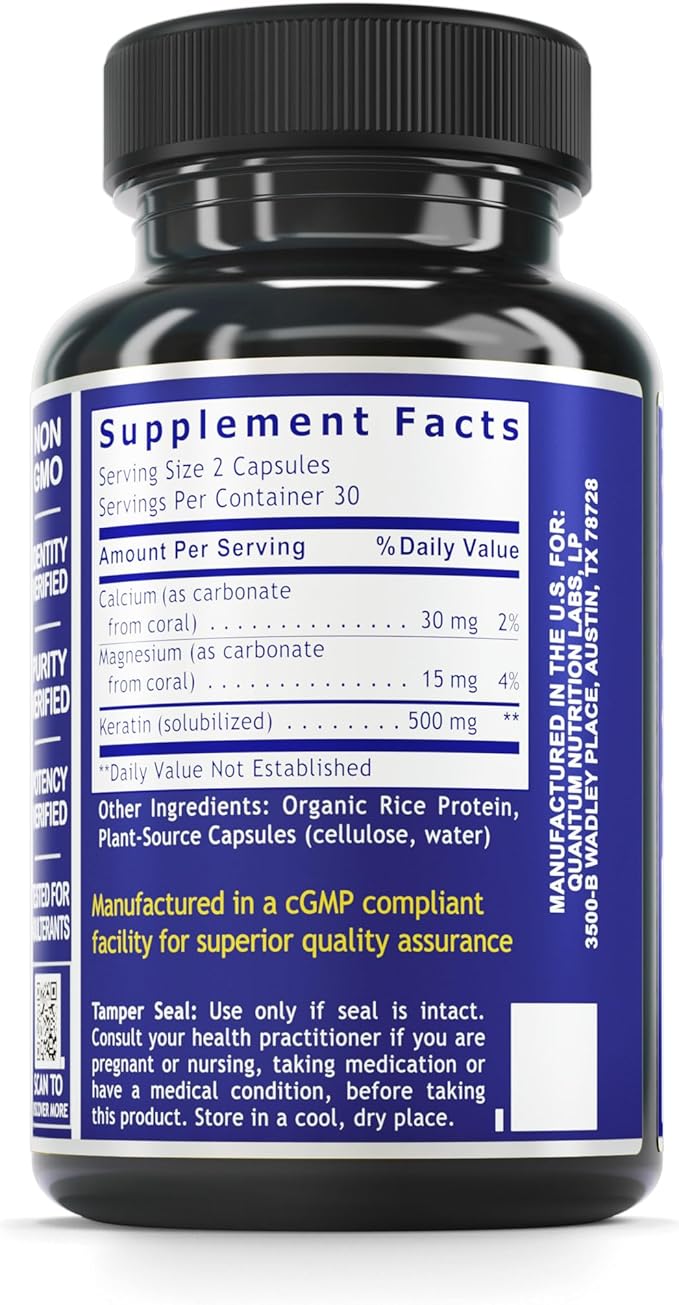 Quantum Nutrition Labs Hair Skin and Nails - Keratin Supplement, Hair Growth Supplement for Women & Men with Magnesium, Calcium, Beauty from Within for Hair, Skin and Nails - 60 Vegetarian Capsules