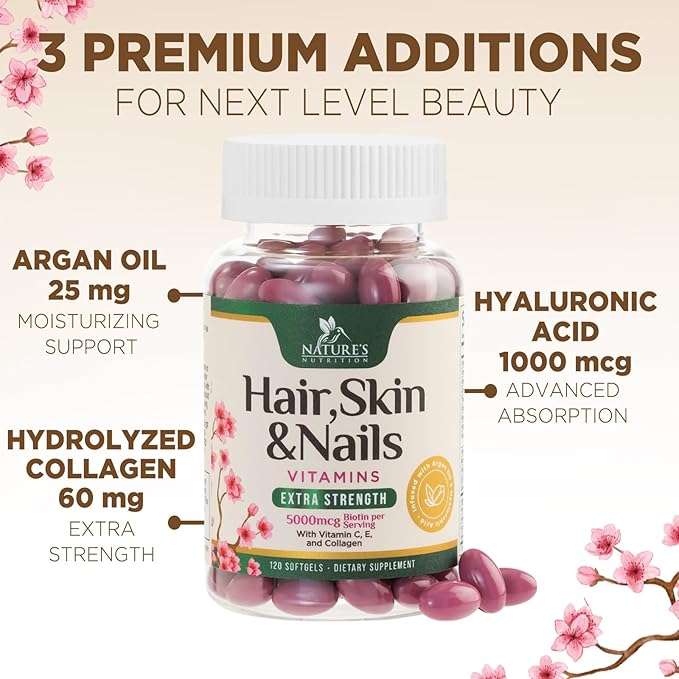 Hair Vitamins Women, Ultra Strength 5000mcg Biotin, Collagen, PABA & More - Womens Hair Growth, Skin, Nails & Keratin Support Supplement, Infused w/ Argan Oil & Hyaluronic Acid, Non-GMO - 120 Softgels