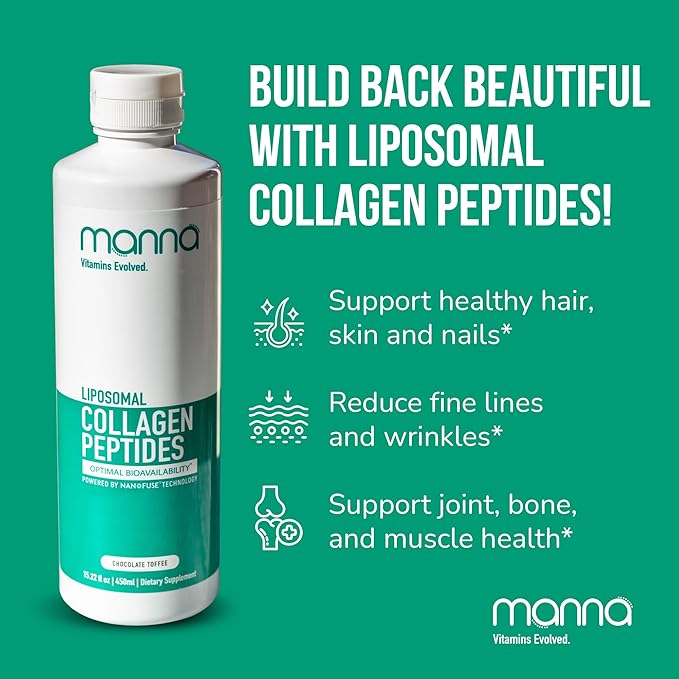 Manna Liposomal Collagen Peptides Liquid – 5000mg High Absorption Grass-Fed Type I & III Collagen for Skin, Hair, Nails, Joints – Hydrolyzed Collagen Supplement, Non-GMO, 16oz, for Women & Men