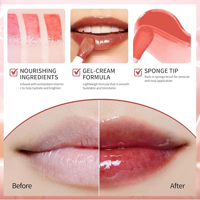Plumping Lip Oil, Hydrating Gloss Tinted Lip Balm Transparent Lip Care, Big Brush Head Glitter Shine, Long Lasting Nourishing Non-sticky Fresh Texture(ROSEWOOD)