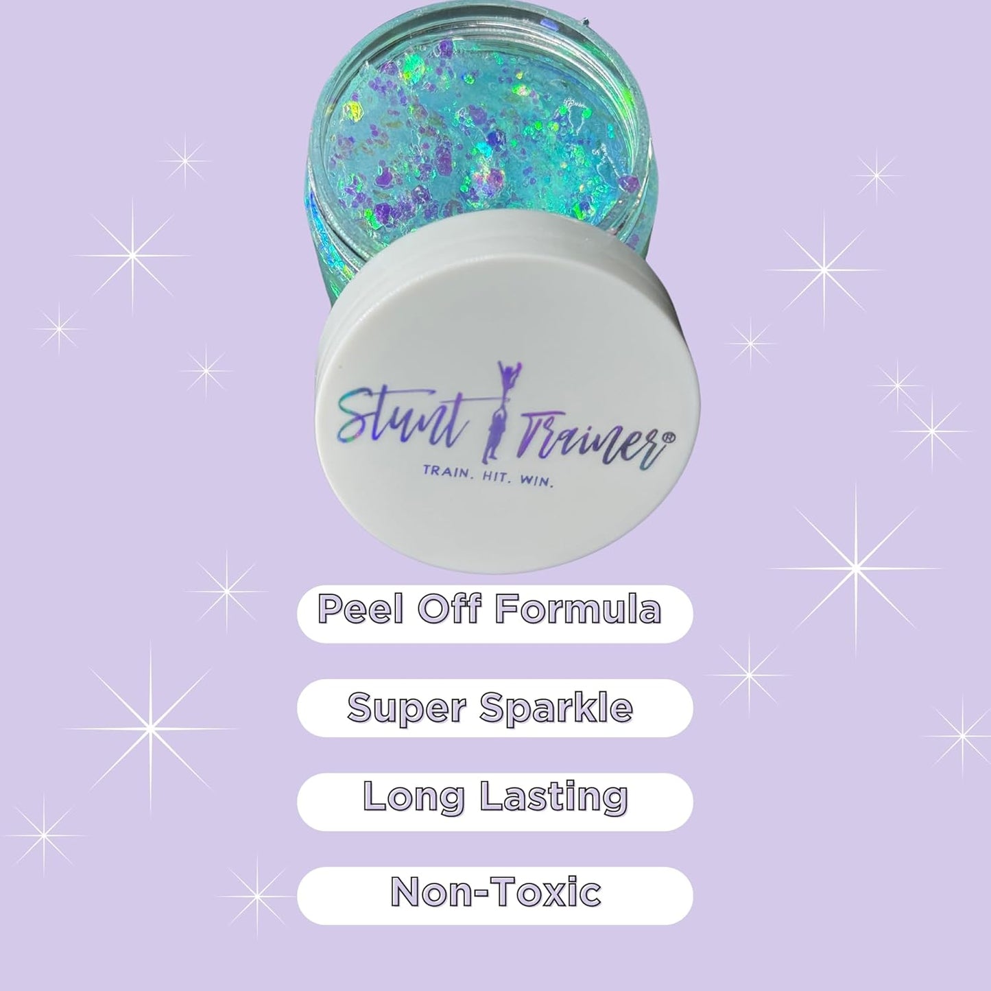 Stunt Trainer Cheer Glitter Face Body Makeup Peel Off Gel Chunky Holographic 15 Colors 1.6oz Vegan Cruelty Free Nontoxic Cheerleader Cheerleading Makeup
